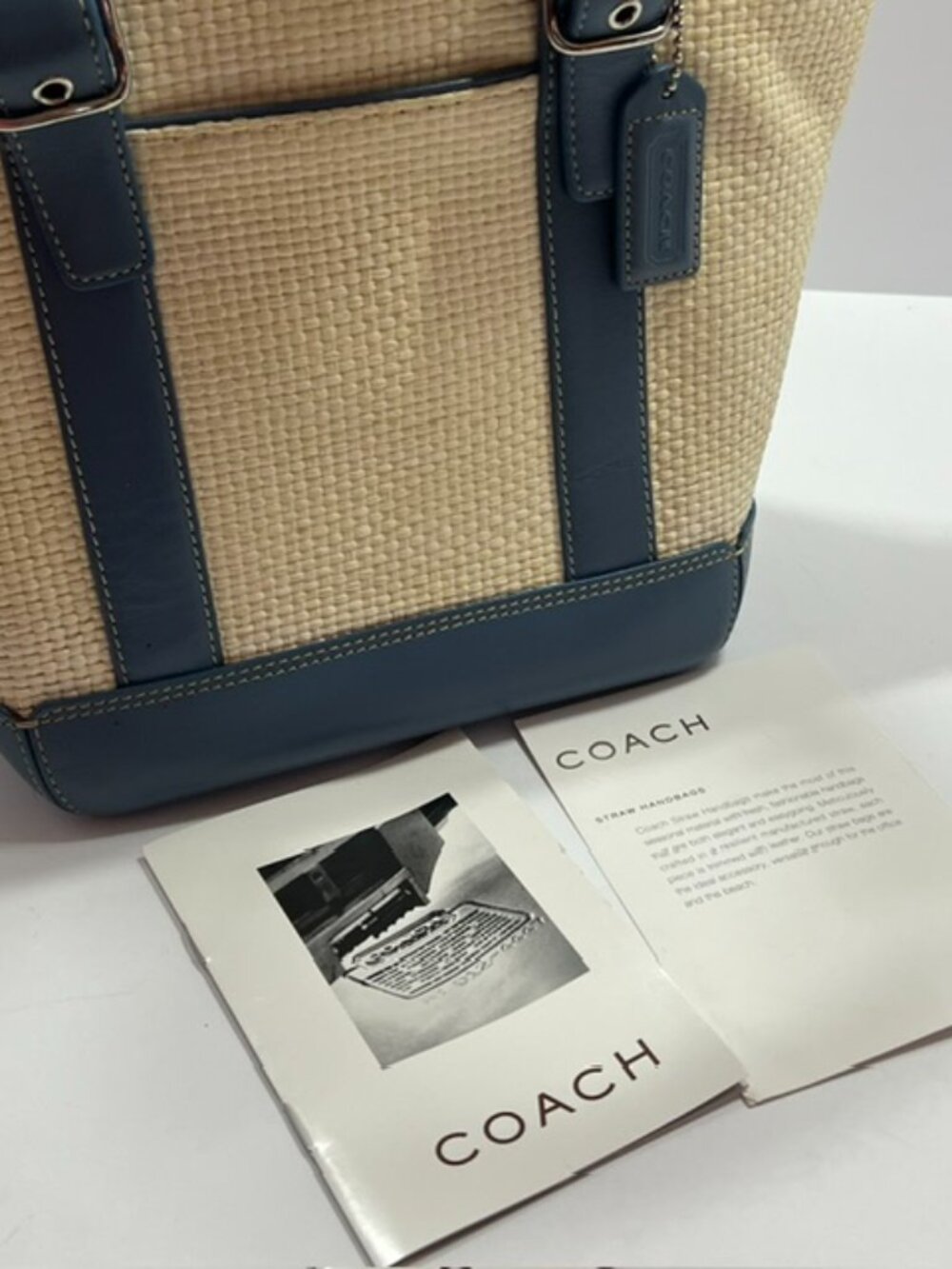 Vintage Coach Straw Basket Handbag with blue leather trim, Model B3K-8909 - Picture 2 of 9